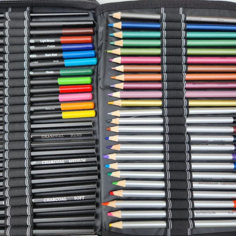 NEW 74 Piece Art Kit Supplies Watercolor Pencils Charcoal Travel Case Colored Pe